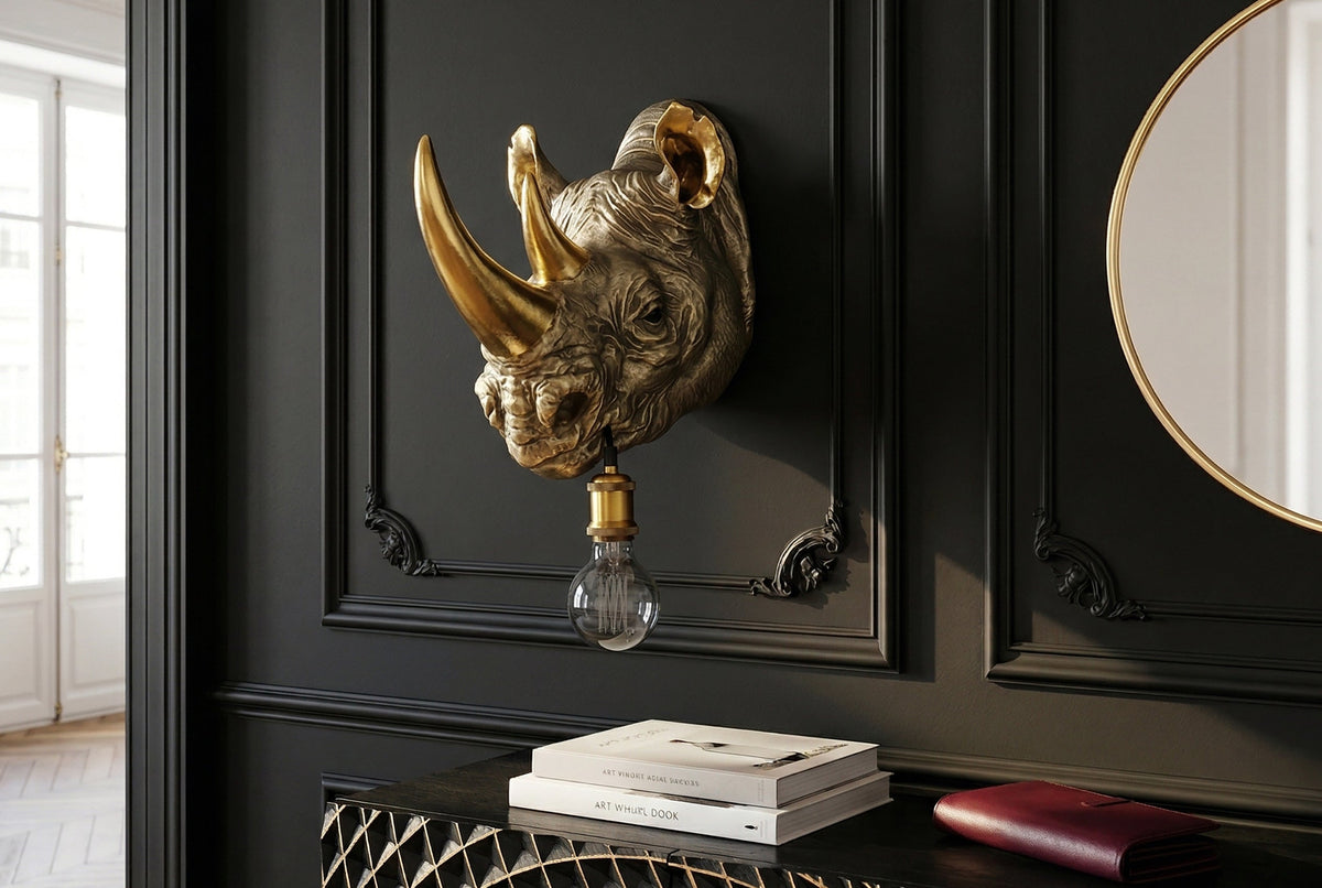 Wall lamp RHINO 40cm handmade gold rhino sculpture