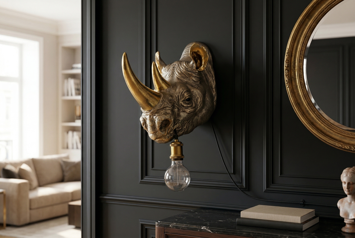 Wall lamp RHINO 40cm handmade gold rhino sculpture