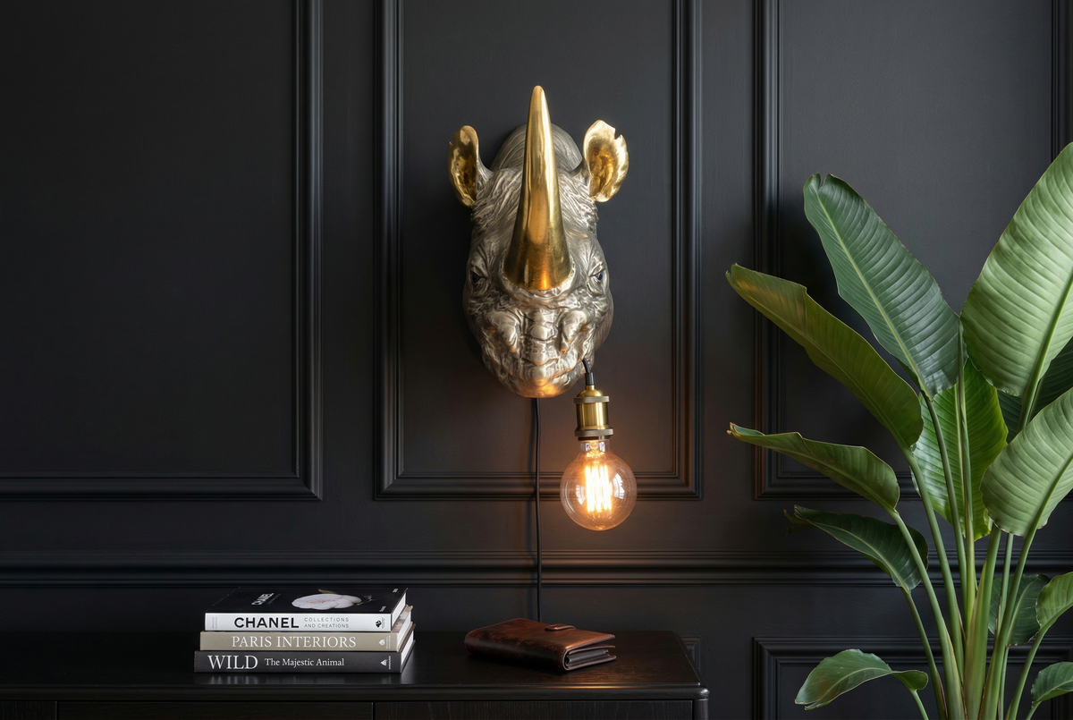 Wall lamp RHINO 40cm handmade gold rhino sculpture