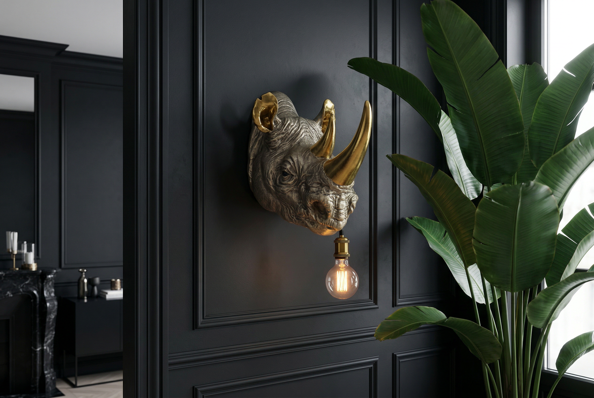 Wall lamp RHINO 40cm handmade gold rhino sculpture