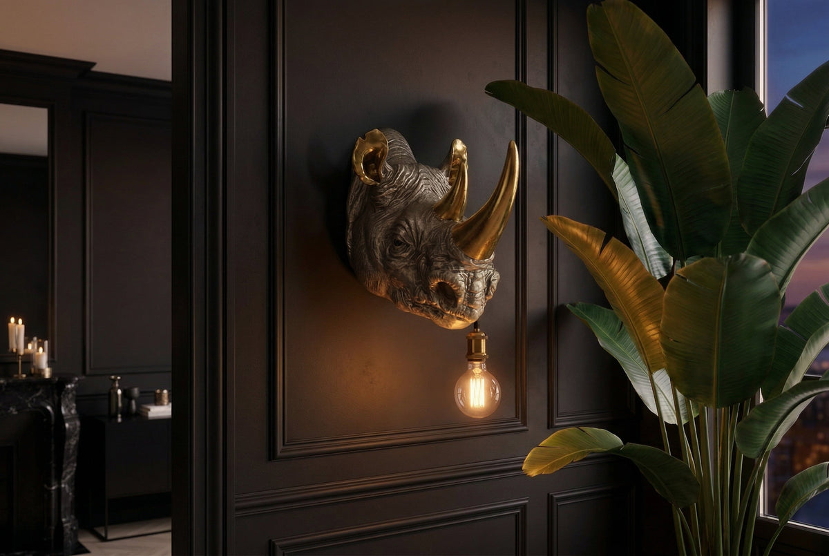 Wall lamp RHINO 40cm handmade gold rhino sculpture